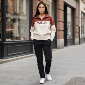 Two-Tone Mid-weight Half-Zip‎ Sweater, Maroon Red/Beige Cream, Size XS/S